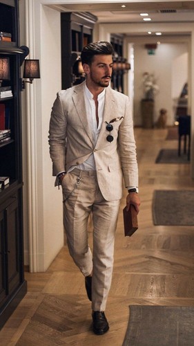 Beige 2 Piece Men Cotton Linen Suit 