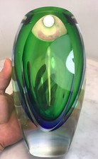 Vintage MURANO Art Glass Sommerso Green Blue Vase Heavy 8.5  Tall