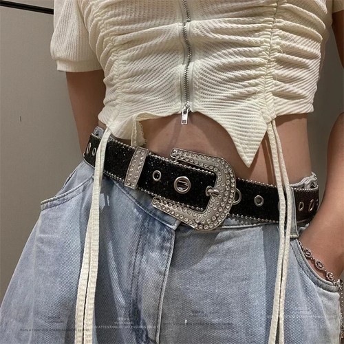 Y2K Women Rhinestone PU Leather Belt Bling Glitter Waistband for Party - Picture 3 of 10