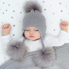 Winter Baby Beanie Children Earflap Cap Wool Hat Natural Real Fur Pom Pom Hat