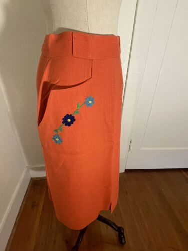 Vintage 1950s Salmon Pink Linen Pencil Wiggle Skirt Embroidery Flowers VLV Pinup - Picture 1 of 13