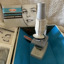 Vintage Skill Craft Microscope Lab #416 Senior Student Set Tin Litho Case 1963.