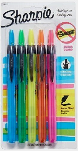 Retractable Chisel Tip Fluorescent Sharpie Art Pack 5 Colors