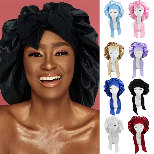 Women Satin Bonnet Long Hair Care Sleep Hat Cap Night Silk Feel Head Wrap Turban - Foto 1 di 35
