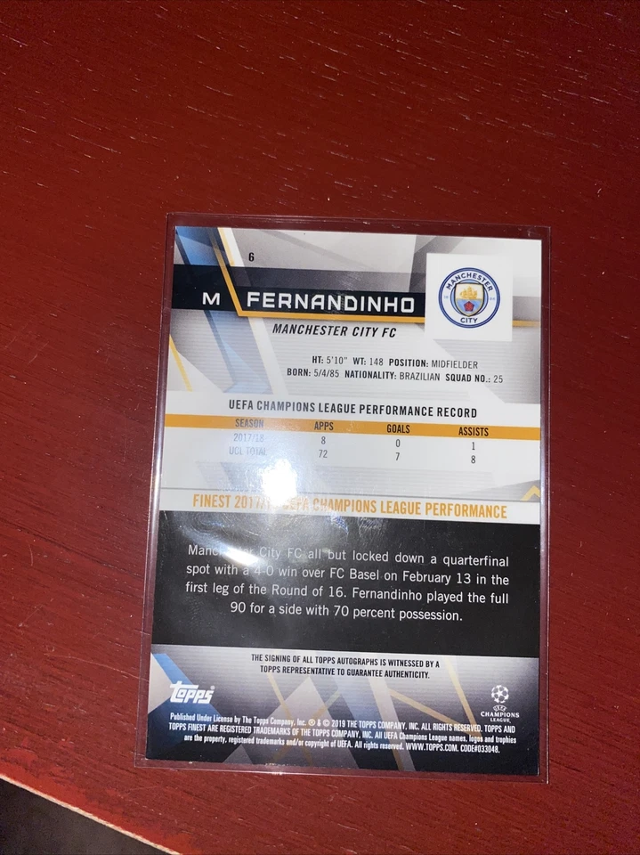 2018-19 Fernandinho Fernandinho Topps Finest UEFA Champions Finest Auto Gold - Image 2 of 2