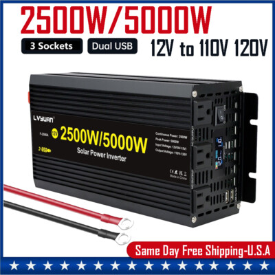 2500W 5000W Power Inverter DC 12v to AC 110v 120v Travel Car LCD 3AC Converter