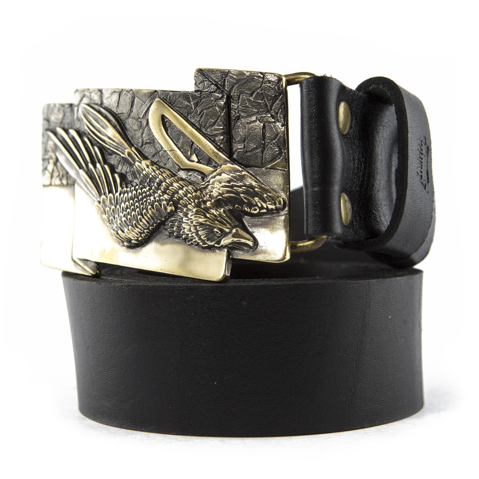 Leather Belt with Brass Buckle Featuring Free Bird and Ukrainian Trident Design-image