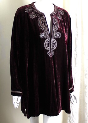 AMAZING Chico's Sz 3 XL WINE Purple Velvet A-Line Rayon Silk VNeck Tunic Top