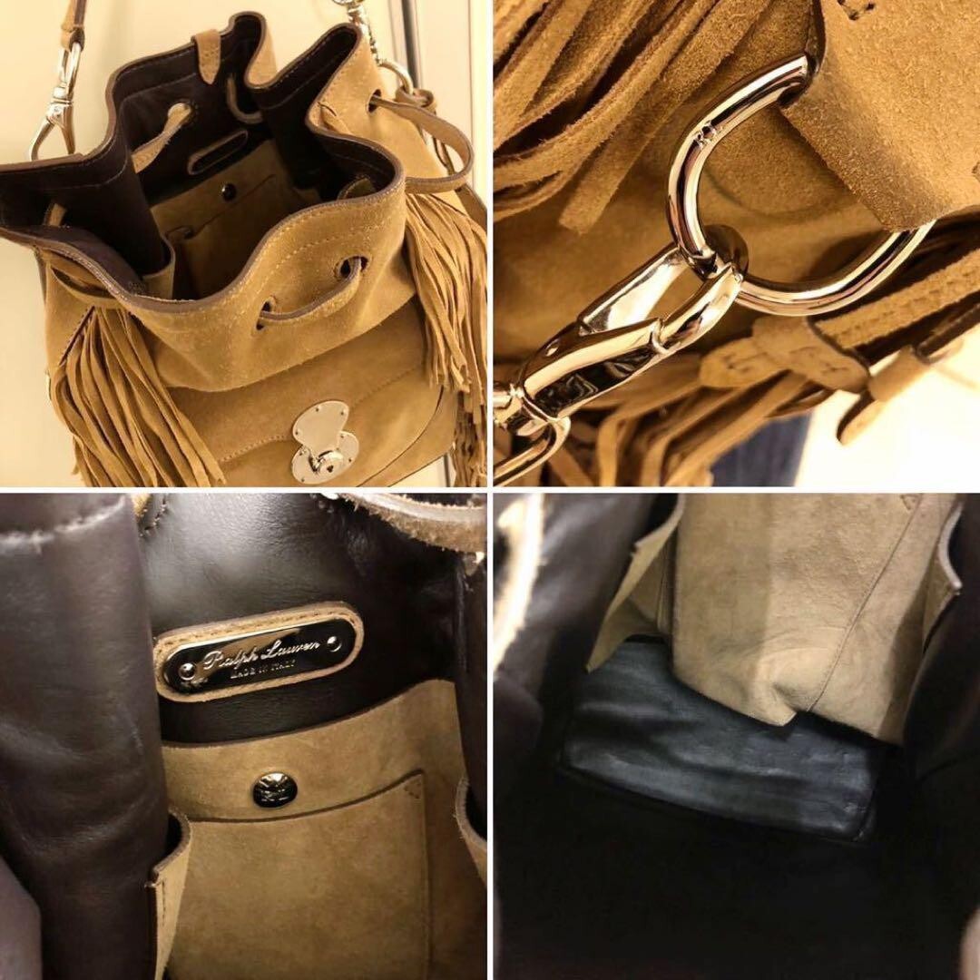 Ralph Lauren Fringe Drawstring Ricky Bag Suede Leather Brown Ralph Lauren Fringe Drawstring Ricky Bag Suede Leather Brown