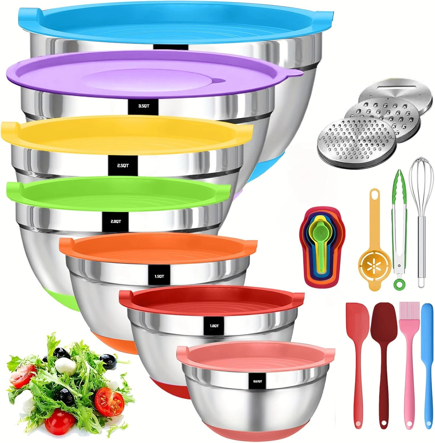 Mixing Bowls with Lids Set,7Pcs Stainless Steel Bowls with 3 Grater Attachments