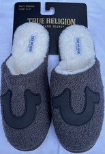 True Religion Men s Slippers Gray Black Logo Faux Fur Lining Size L 11-12 New