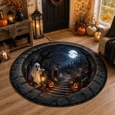 3D Optical Illusion Halloween Rug, Spooky Graveyard Ghost Round Carpet