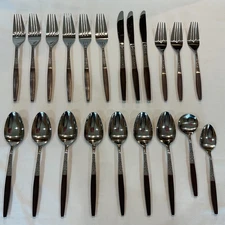 21 Pc Interpur Japan INR2 Stainless Steel Flatware MCM Brown Handle Mixed Pieces