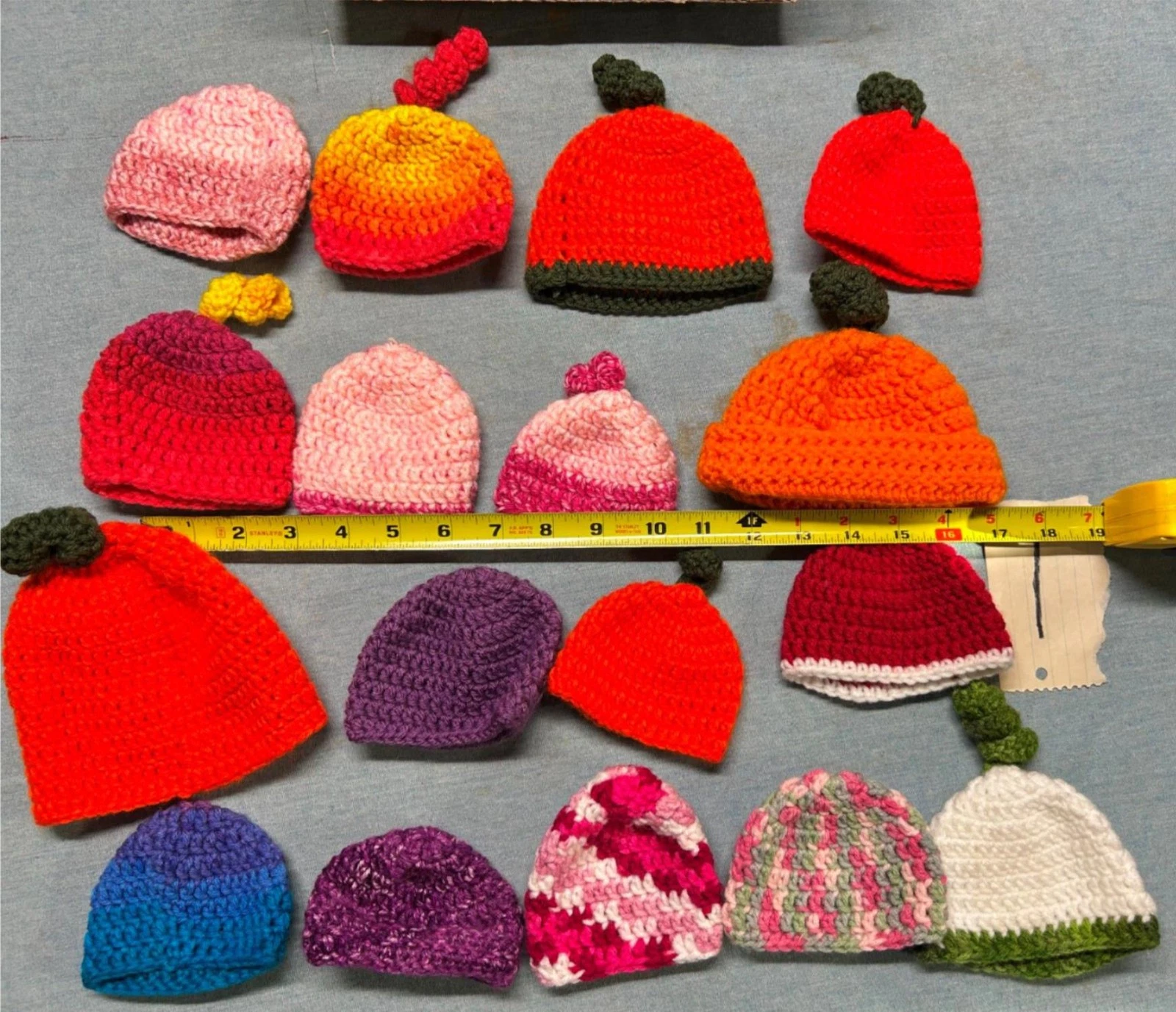HUGE LOT 17 FUN & COLORFUL KNITTED YARN STOCKING CAPS INFANT DOLLS BABY TODDLER