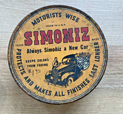 #ad Antique VTG 1 LB Tin of Simoniz Man Polishing Car Slip on Lid Full $19.95