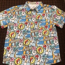 Buc-ee's Logo Button Up Shirt Colorful Hawaiian YOUTH L Palm Trees Beach Waves