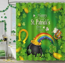 Happy St. Patrick's Day Shower Curtain Spring Green Shamrocks Rainbow Coin and