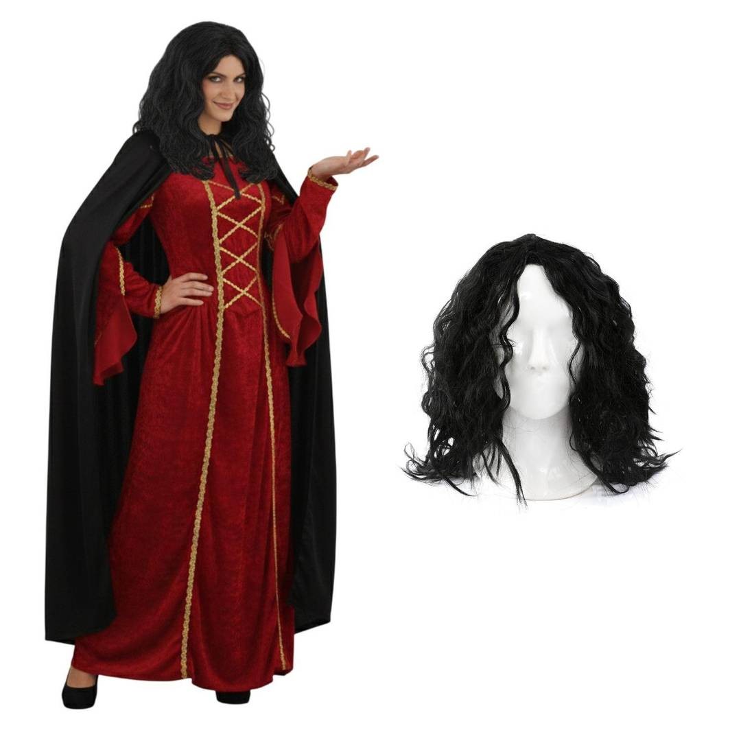 Conjunto de Disfraz de Encantadora Torre Medieval Adulto Rojo Vestido Negro Capa y Peluca Ondulada