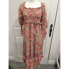 Farm Rio Maxi Dress Coral Bird Floral Print Long Sleeve Smocked Square Neck-M