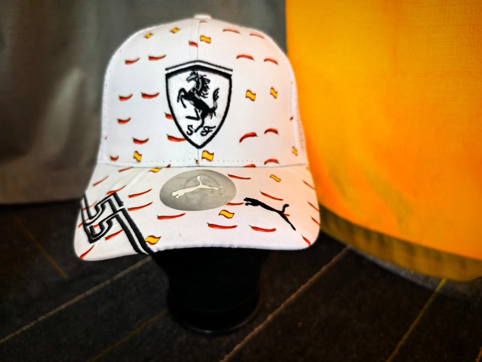 Ferrari F1 Print Truck Hat, White Adjustable Racing Hat Sporty Style