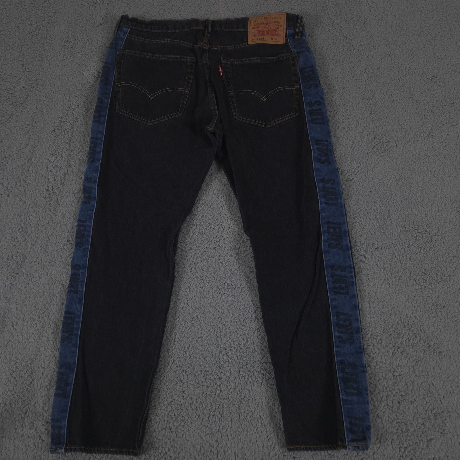 Levis Jeans Men 36x30 Black Hi-Ball Striped Spellout Dark Wash Premium Denim