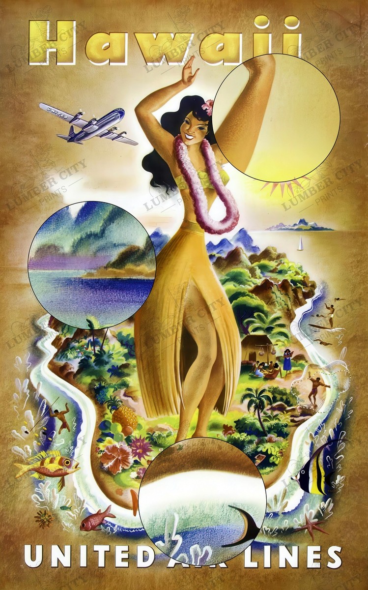 Vintage 1950 Hawaii United Air Lines Travel Poster Wall Art Print