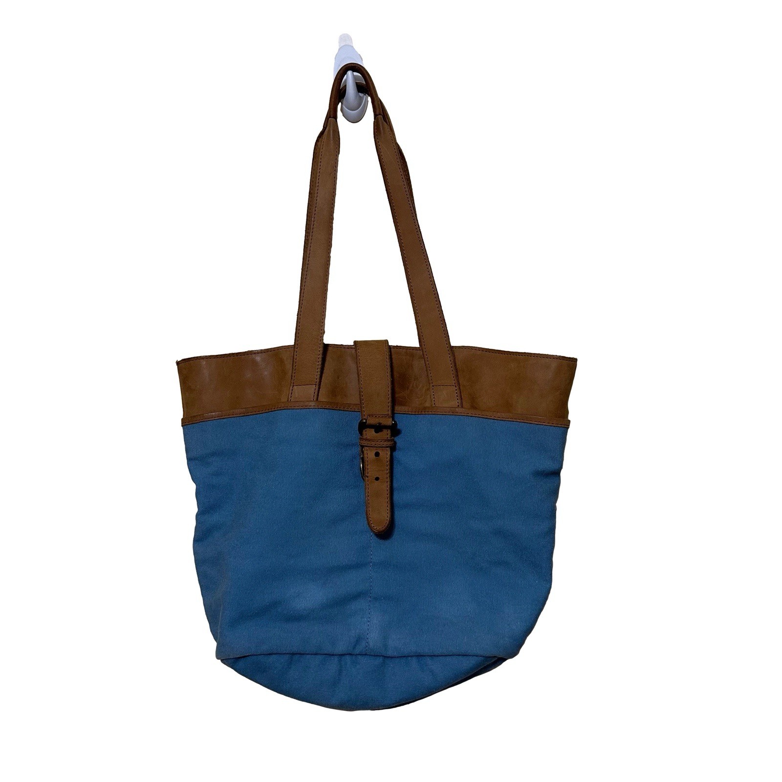 L. L. Bean Vintage Canvas Leather Shoulder Tote Bag Blue Tan Clasp Closure