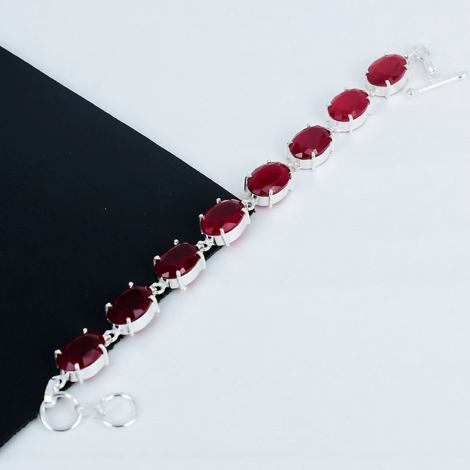 Rosso Rubino Creato IN Laboratorio Gemma 925 Argento Sterling Braccialetto Per - Immagine 3 di 4