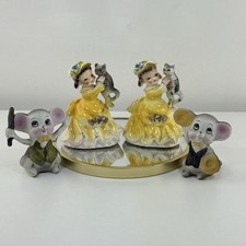 Vintage Korea Figurines Girl with Cat & Mice Set Hand Painted Ceramic 1950s Type
