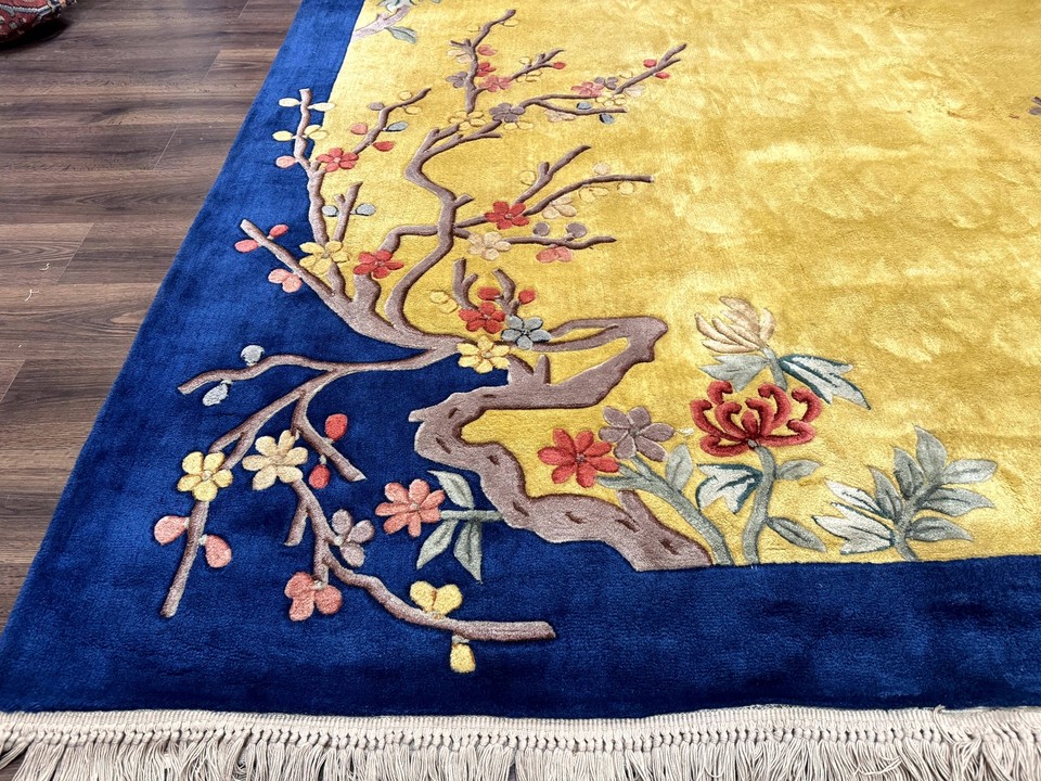 Chinese Peking Rug 9.6 x 13 Mustard & Blue Wool Hand Tufted Vintage