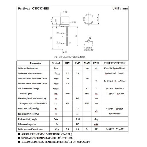 QT523C-EE1 5mm Environmental Protection Photo Diode 5800B Switch Component - Picture 2 of 4