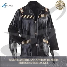 Giacca pelle cowboy nativi americani frange e perline western scamosciata jacket