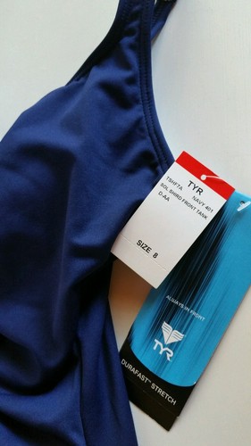 TYR Durafast Stretch Navy Blue Shirred Front Swim Suit Women's Sz 8 NWT - Picture 2 of 3