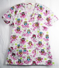 Dickies Floral Owl Print Pink  White S/S Cotton/Poly Scrub Top XS