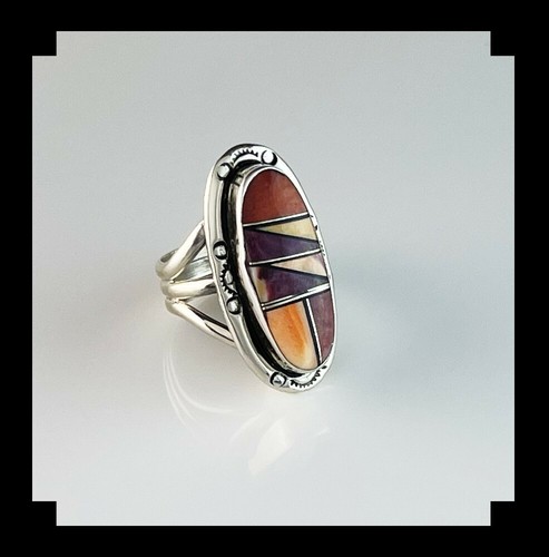 Sterling and Multi Color Spiny Oyster Inlay Ring Size 6 - Picture 2 of 6