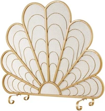 MyGift Peacock Feather Shaped Brass-Tone Metal Fireplace Screen