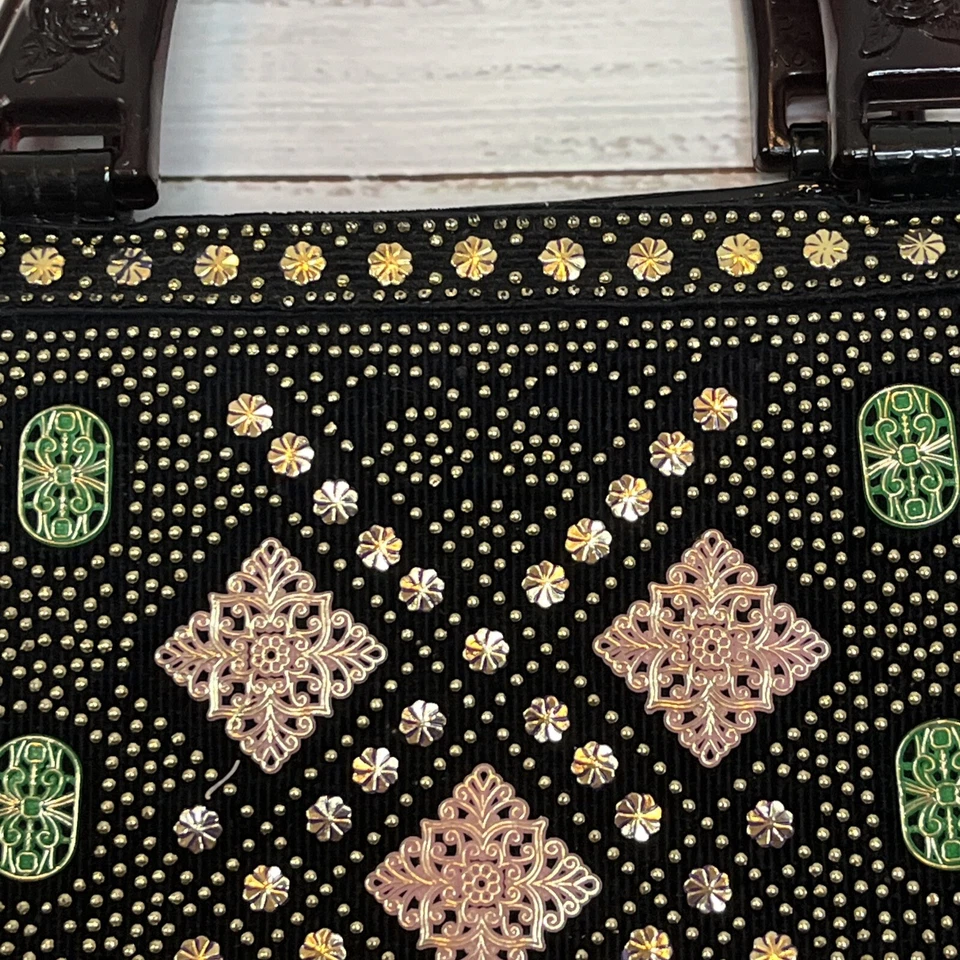 Bolso de Mano Vintage con Cuentas Multicolor Mango de Baquelita Negro Patente Fondo Corea Foto 4 de 4