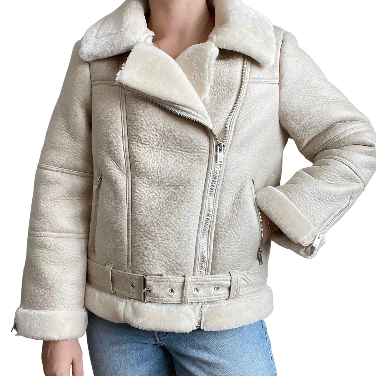 Topshop NWT Womens White Faux Leather Shearling Bomber Moto Biker Jacket Sz  8