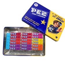 NOS Classic PEZ Collectors Tin Over 50 Rolls Candy & Classic Dispenser Expired