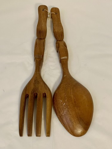 Vintage Tiki Carved Face Salad Tongs Servers Set Wood Serving Pair 12" - Picture 4 of 7