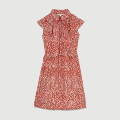 maje Red Rutti Leopard-print Chiffon Mini Short Casual Dress Size