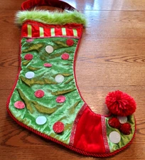 CHRISTMAS STOCKING GREEN RED ELF TOE Velvet Satin Fuzzy WHIMSICAL FUN 23"