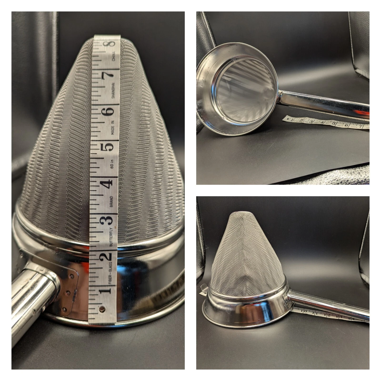 China Cap Chinois Fine Mesh Strainer 8.5” Cone Depth 9" Handle, Bowl Clip/Hook