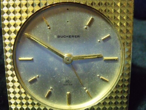 RELOJ DESPERTADOR MECÁNICO DE BOLSILLO DE VIAJE CHAPADO EN ORO DE LUJO VINTAGE "BUCHERER" - Imagen 5 de 6
