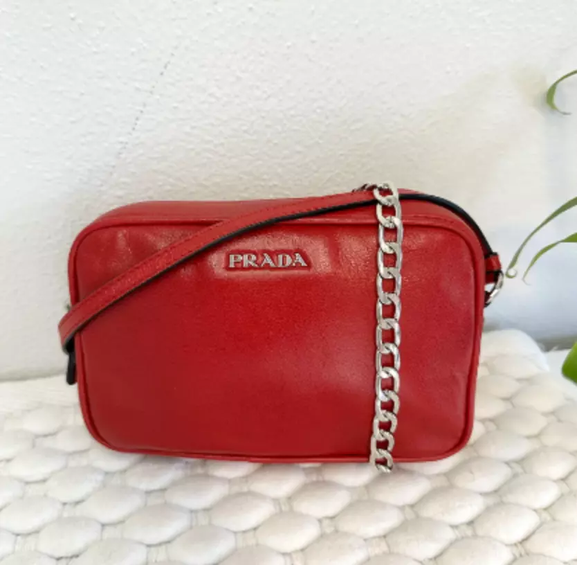 PRADA Mini Wristlet Crossbody Camera Handbag in Red smooth leather