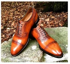 Handmade Men Tan Leather Formal Dress Shoes with Lace up Closure