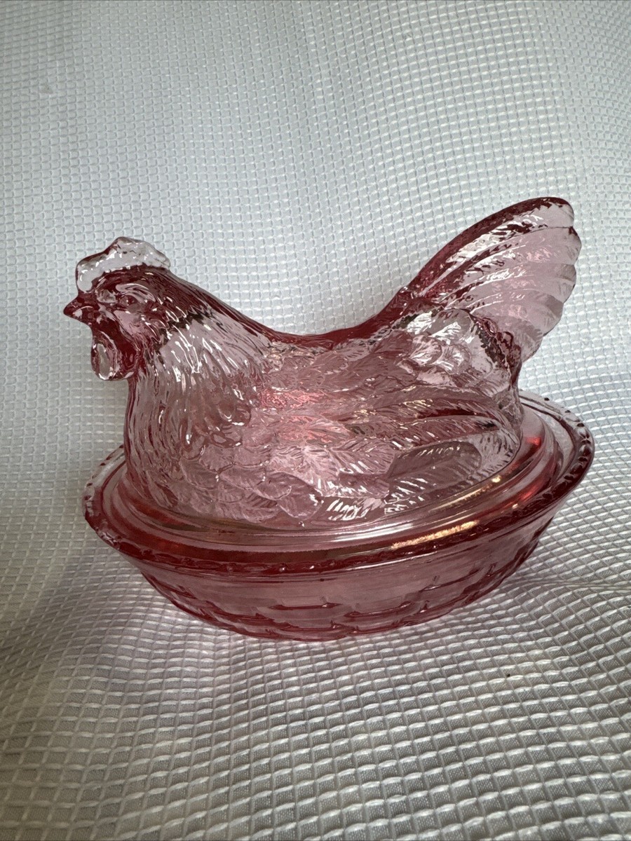 Longaberger Cranberry Pink Glass Hen On Nest Lidded Oval Candy