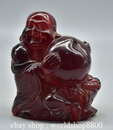 4.2" Old Chinese Red Amber Carved Feng Shui Maitreya Buddha Statue Sculpture - Picture 1 of 8