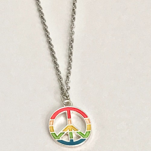Peace Sign Pendant Choker Necklace Stainless Steel 18" Rainbow Hippie LGBT Retro - Picture 4 of 7