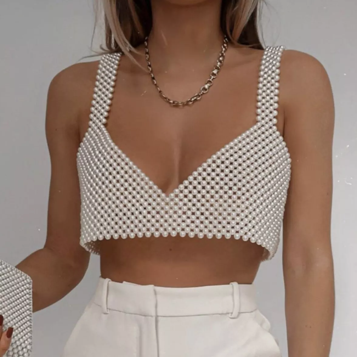 Festival Pearl Vest Crop Top Sleeveless Hollow Bralette Beaded Tank Cami Top